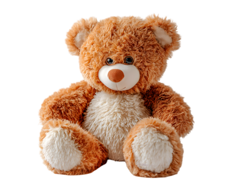 A cute bear smiling toy sits on a white background  - Powered by Adobe