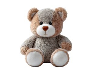A cute bear smiling toy sits on a white background 