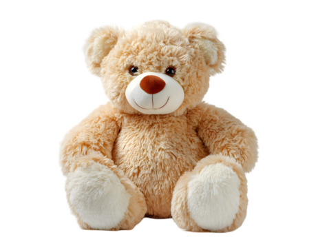 A cute bear smiling toy sits on a white background
