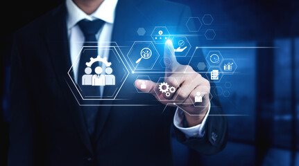Business management system showing teamwork, productivity, and planning. Management supports goal,...