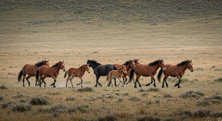 A herd of wild horses, including foals, runs across a grassy plain in the soft light of dawn.