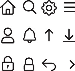 Interface icons house search settings menu user bell upload download lock back next vector