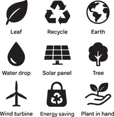 Leaf recycle earth water drop solar panel tree wind turbine plant vector