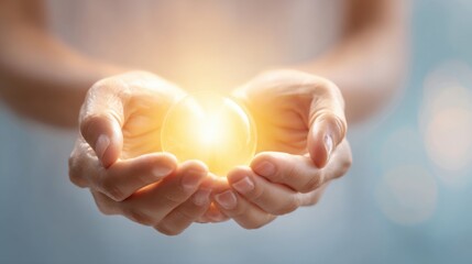 Human hands holding glowing heart symbol with sunlight and blurred background.