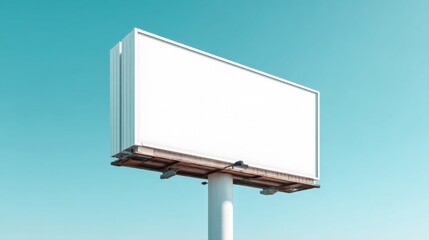 Obraz premium Large Empty White Billboard Signboard on Tall Pole Under Clear Blue Sky.