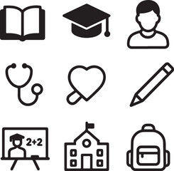 Open book graduation cap person stethoscope heart pencil blackboard school backpack vector