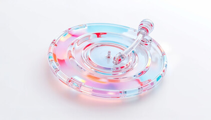 3D glass vinyl record with colorful reflection on white background.