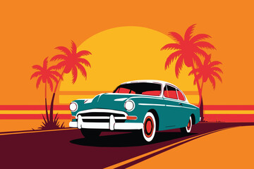 vibrant retro car graphic with tropical sunset and palm trees for travel, summer and beach projects