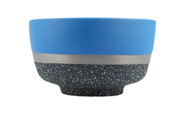 a blue and black bowl with a silver stripe