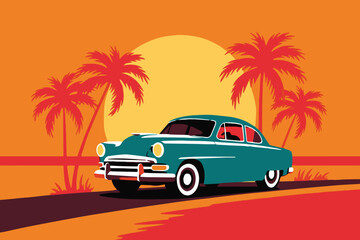colorful vintage car vector design featuring palm trees and sunset for vacation and adventure themes