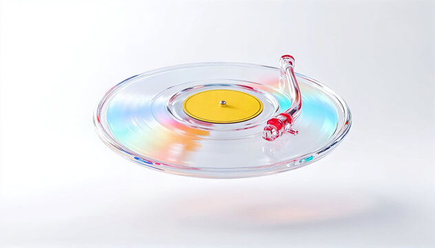 3D glass vinyl record classic with rainbow reflection on white background.