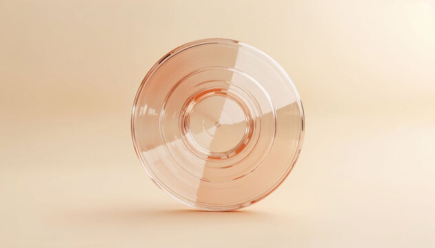 Minimalist 3D glass vinyl record on beige background.
