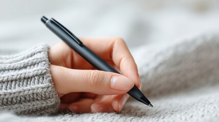 Close-up of a hand holding a black pen writing on a soft textured fabric surface in cozy setting.