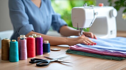 Woman engaged in sewing process with fabric, thread, and tools on a table, showcasing home craft creativity in detailed, high-quality shot