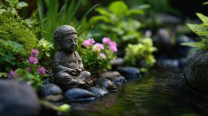 Obraz premium Small stone Buddha sits serenely by a shallow stream, surrounded by lush vegetation
