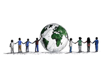 global unity, illustration of children united around the world, representing peace and solidarity