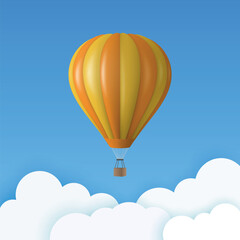 Naklejka premium Vector Travel Banner with 3d Realistic Hot Air Balloon Icon on a Blue Sky Background. Design Template, Summer Vacation, Travelling, Tourism and Journey Concept