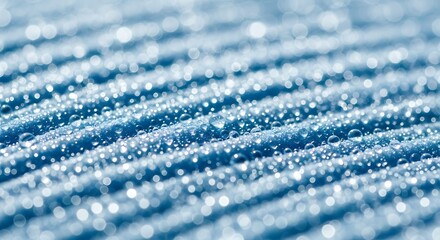 A closeup macro view of a blue textured surface covered in numerous sparkling water droplets