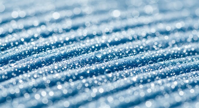 A closeup macro view of a blue textured surface covered in numerous sparkling water droplets