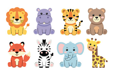 animal character vector art: cute lion, hippo, tiger, bear, fox, zebra, elephant & giraffe for nursery and educational projects