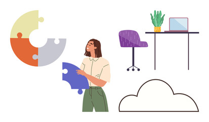 Woman holding a puzzle piece, cloud outline, pie chart, chair, desk with laptop, potted plant. Ideal for problem-solving, teamwork, planning organization creativity modern workspace simple flat