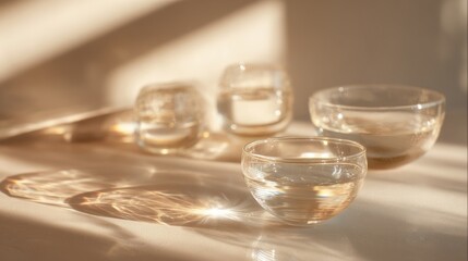 Elegant glass bowls and jars with water reflecting warm sunlight in minimalist setting.