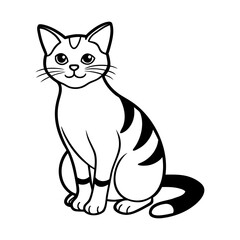 Charming Striped Tabby Cat Sitting with Alert Expression - Detailed Black and White Vector Illustration for Pet-Themed Content