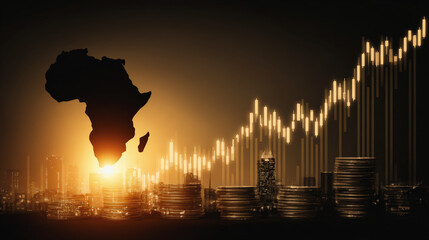 Africa silhouette with rising graph and coins symbolizes investment growth and economic potential. image conveys optimism and opportunity