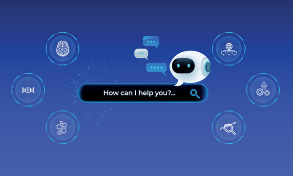 Futuristic AI virtual assistant for customer service, chatbot technology, includes options buttons. Futuristic smart search automation, AI chatbot, digital business support, futuristic AI. Purple