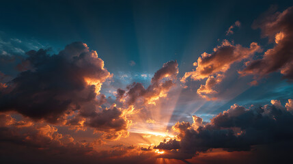 Sunset clouds with sun rays creating dramatic light in a blue sky natural background with copy space for text