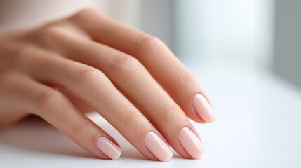 Fototapeta premium Close-up of a delicate well-manicured female hand with soft pink nail polish on polished nails ??????????.