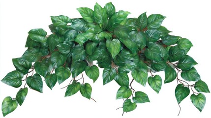 Fototapeta premium A potted pothos plant showcases its vibrant green leaves, adding a touch of freshness and life to the clean white background perfect for indoor decoration.