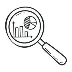 Magnifying glass with chart and graph icon for data analysis and research. Hand drawn vector illustration