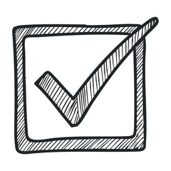 Sketched checkbox with check mark in black and white line art style. Hand drawn vector illustration