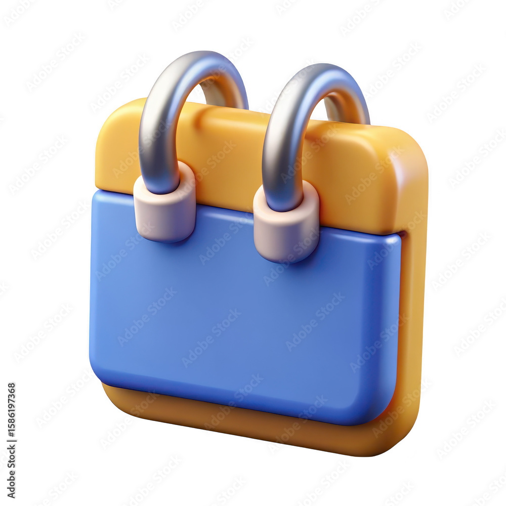 Poster stylized 3d rendering of a calendar icon with blue and yellow elements and silver binding isolated o