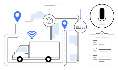 Truck along mapped route with location pins, tablet screen, microphone symbol, checklist. Ideal for logistics, delivery, tracking, digital tools, inventory shipping tutorials simple landing page