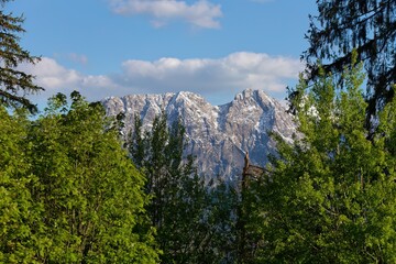 A snow-capped mountain is framed by green trees under a blue sky with fluffy clouds in Zakopane - Lesser Poland - Poland