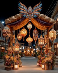Hanging tribal masks in festive lights high resolution picture