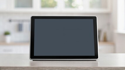 Fototapeta premium A tablet on a kitchen countertop with a blurred background, emphasizing a modern and minimalist design.