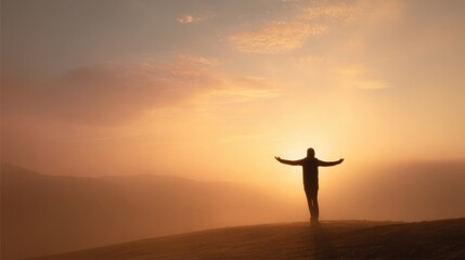 Fototapeta premium Person Standing with Arms Outstretched at Sunrise on a Mountain Peak Nature Scene.