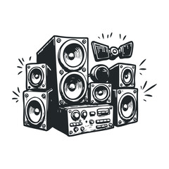 Vintage audio equipment with speakers and amplifier in black and white design. Hand drawn vector illustration