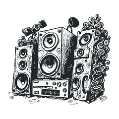 Intricate audio system art with tower speakers and vintage details. Hand drawn vector illustration