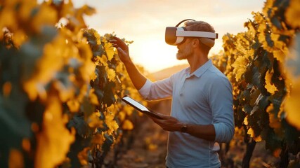 Man using vr technology in vineyard during sunset for innovative farming video - Powered by Adobe