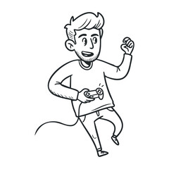 Cartoon young caucasian male playing video game with controller in hand. Hand drawn vector illustration