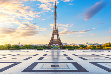 Eiffel Tower at sunrise, main landmark of Paris, France