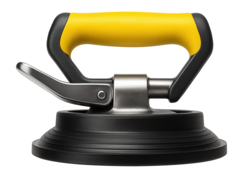 Heavy-duty suction cup with a metal lever for lifting granite slabs in a stonemasonry shop.