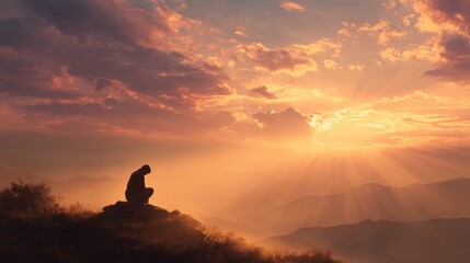 Serene person praying on hilltop during breathtaking sunset with vibrant sky.