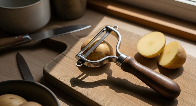 wooden sharp potato peeler in white kitchen background