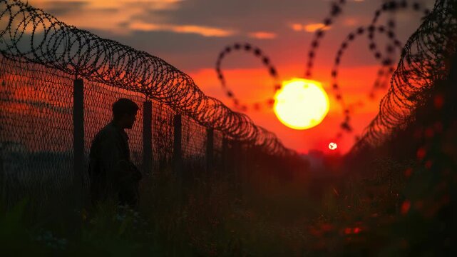 Fence vision: barbed enclosure, limit marker, no-passage trace, migration edge, restriction field, exile sign, perimeter tension, crossing alert, asylum warning, expulsion barrier, border threat.