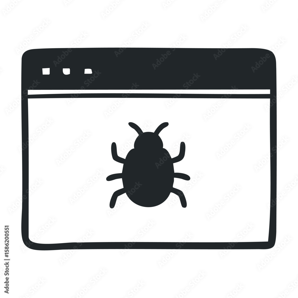 Fototapete bug icon on webpage window representing computer virus. hand drawn vector illustration